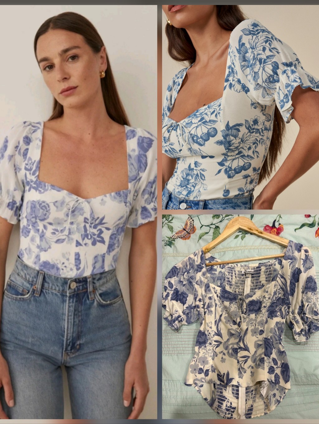 Reformation Delevan Blue Floral Square-Neck Puff Sleeve Blouse